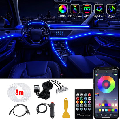 LED Car Interior Ambient Strip Lights RGB Fiber Optic Atmosphere Neon Lighting Kit W/ APP Remote Control Auto Decorative Lamps